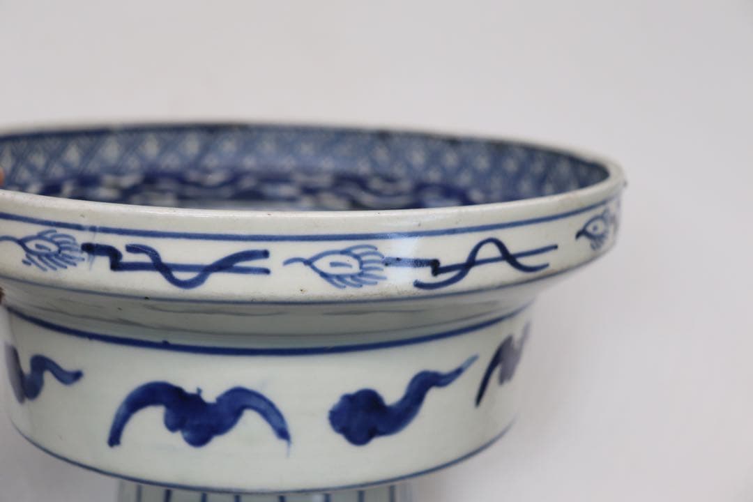 江戸　伊万里　染付　高台鉢　花鳥紋　送料込み1226