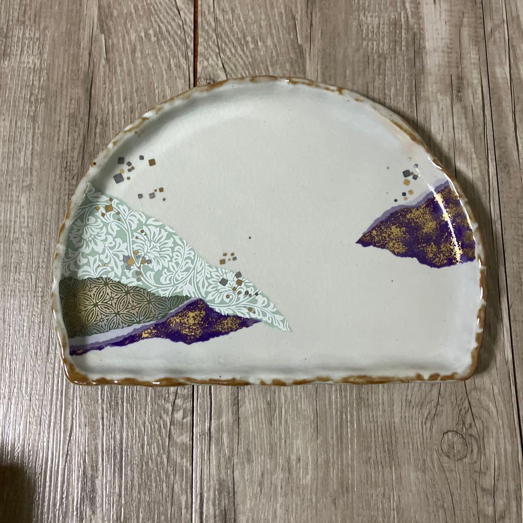 E-1 【極美品】高級 和食器 半月皿 5枚セット 金銀彩 和紙風お正月 銘々皿