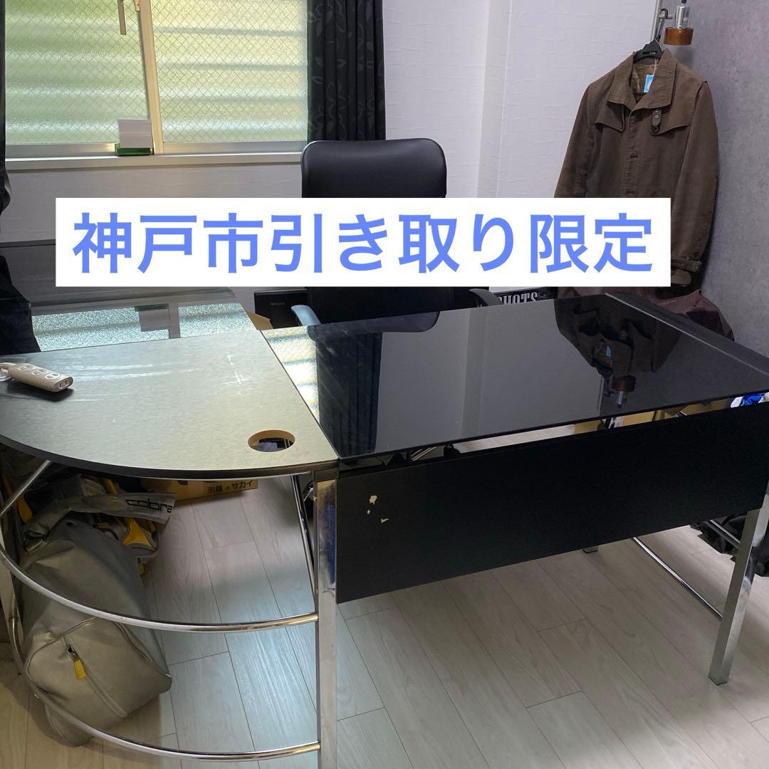 L字型ガラスデスク 黒