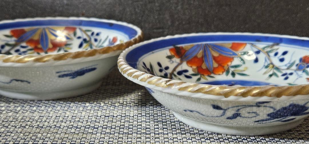 上作品❗】江戸末期　古伊万里　染錦　見込に鹿　花に鳳凰　15.3cm膾皿深皿2客