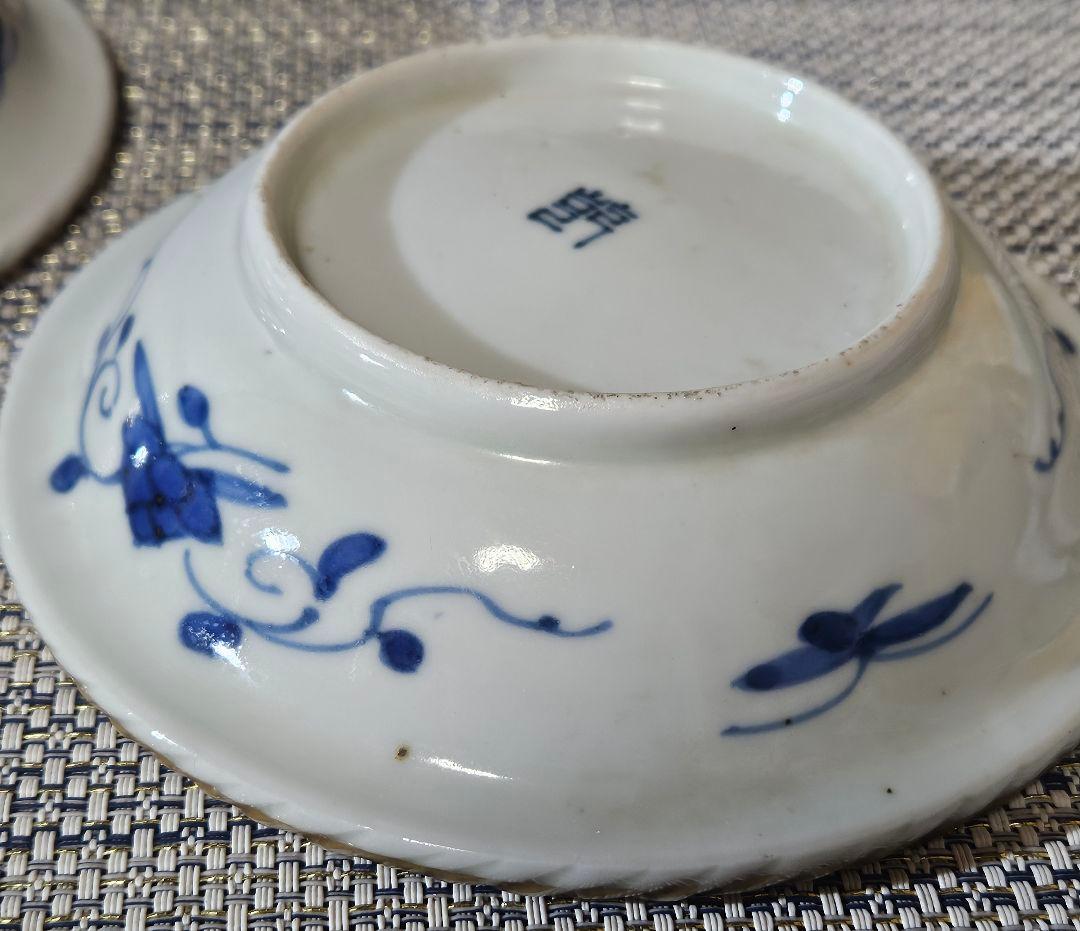 上作品❗】江戸末期　古伊万里　染錦　見込に鹿　花に鳳凰　15.3cm膾皿深皿2客