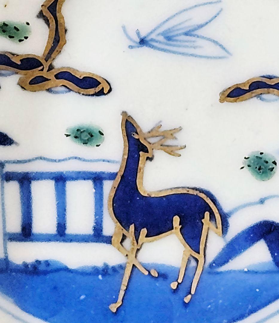 上作品❗】江戸末期　古伊万里　染錦　見込に鹿　花に鳳凰　15.3cm膾皿深皿2客