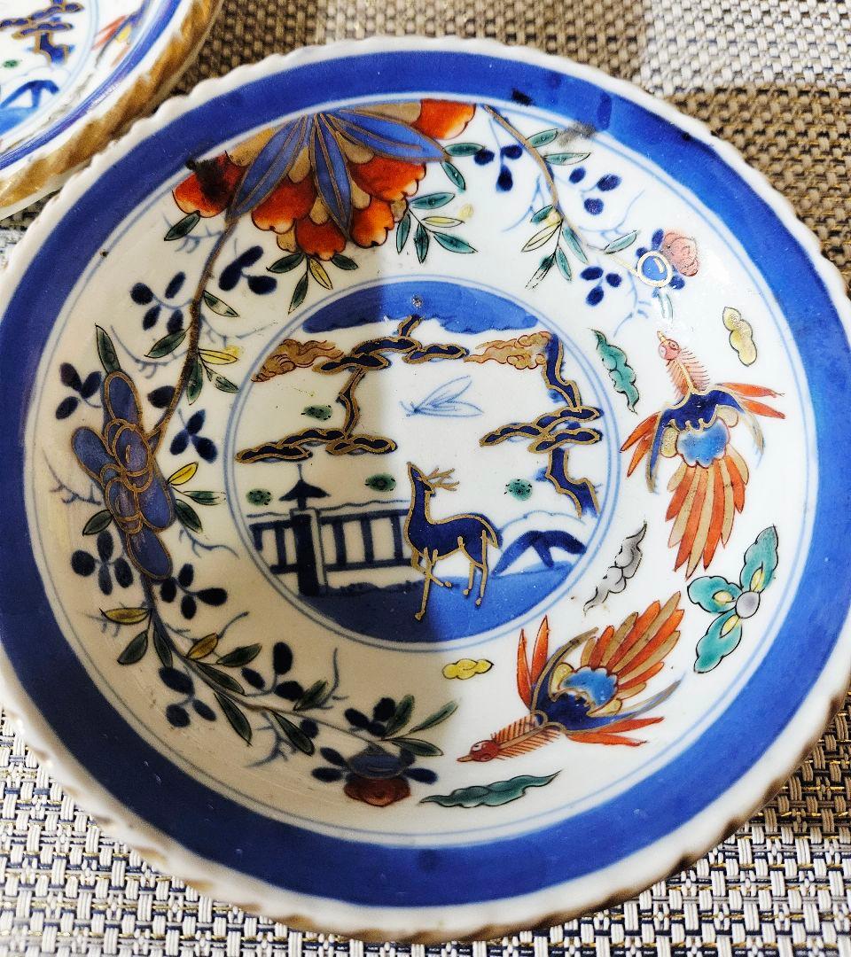 上作品❗】江戸末期　古伊万里　染錦　見込に鹿　花に鳳凰　15.3cm膾皿深皿2客