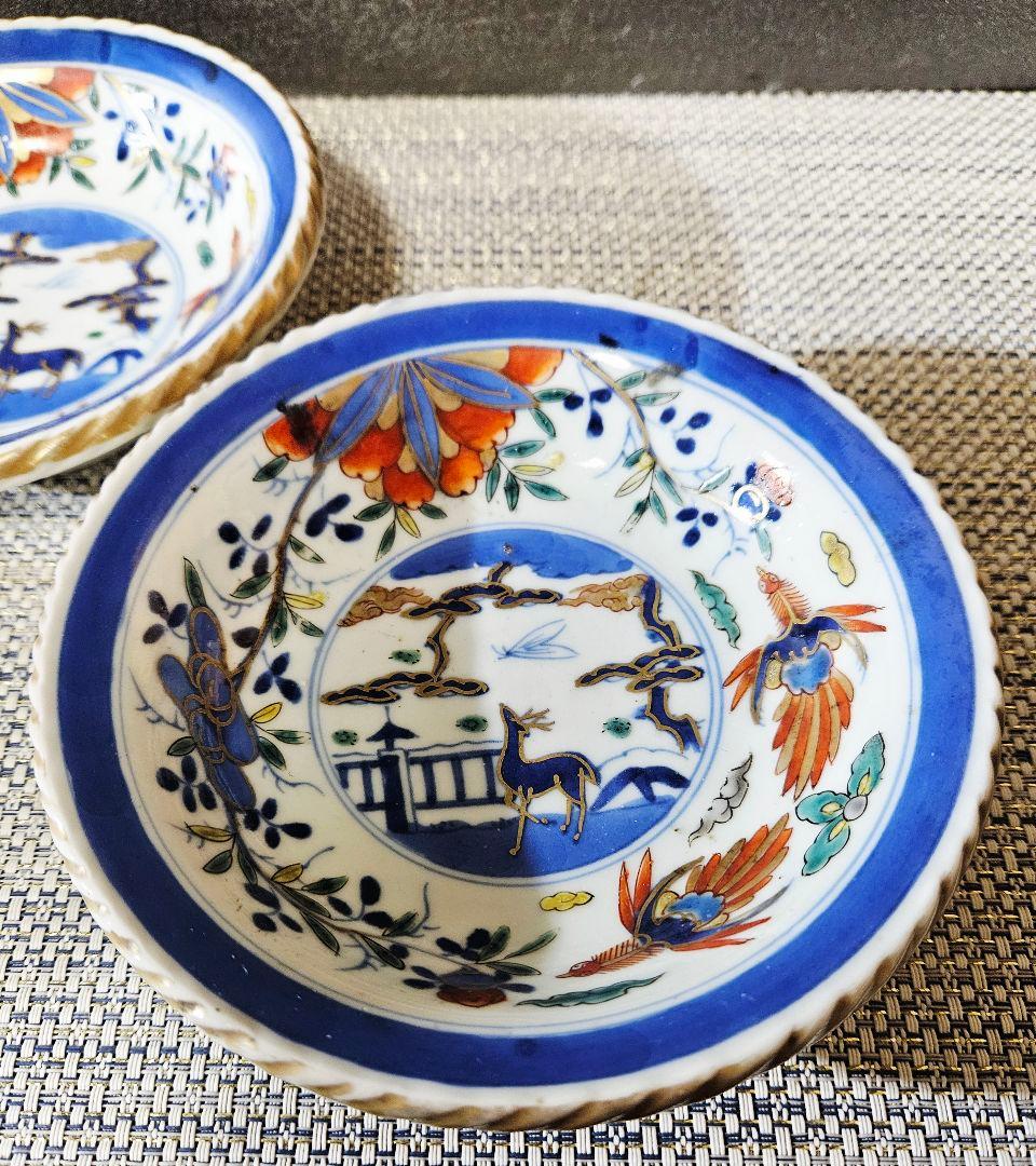 上作品❗】江戸末期　古伊万里　染錦　見込に鹿　花に鳳凰　15.3cm膾皿深皿2客