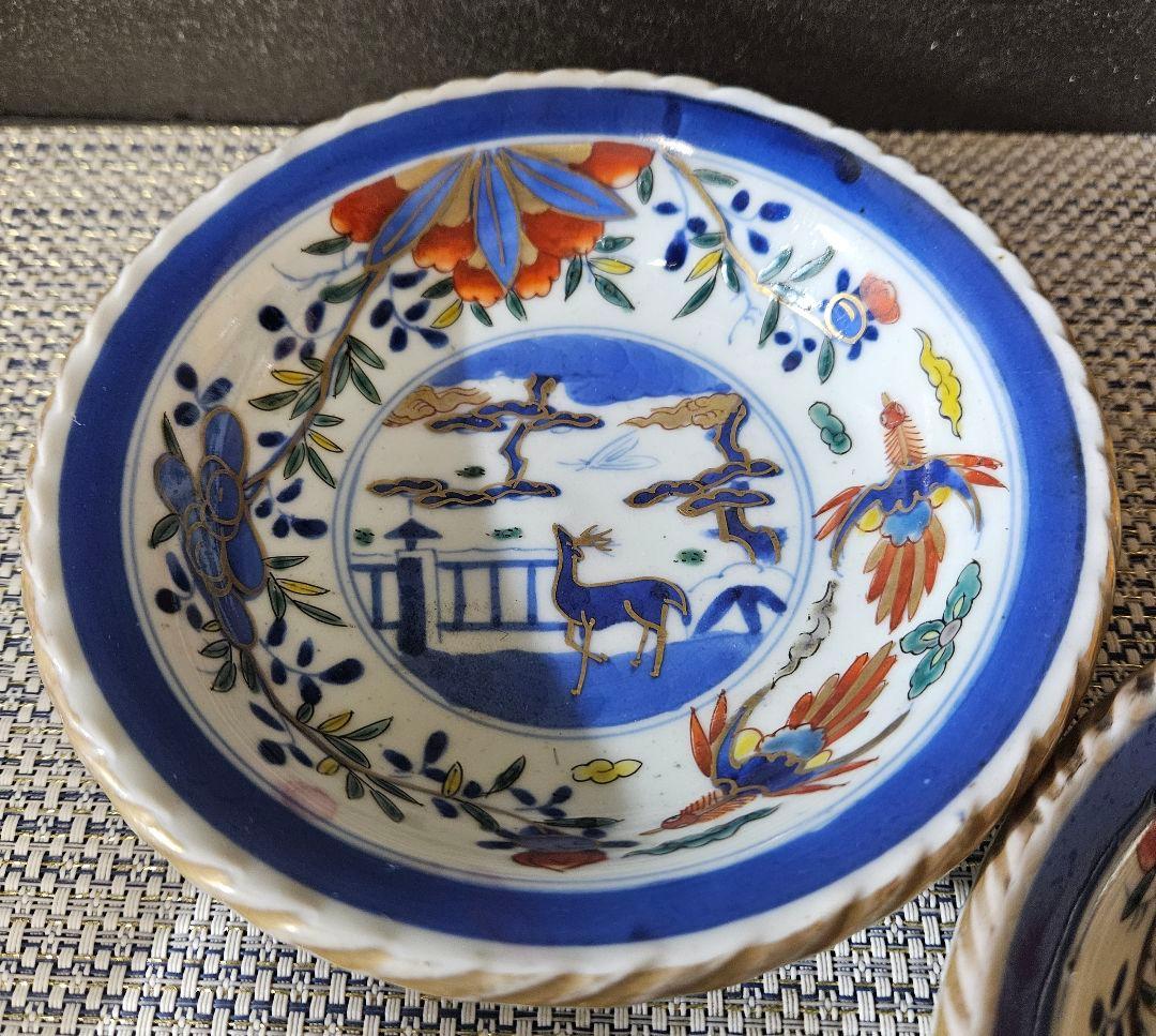 上作品❗】江戸末期　古伊万里　染錦　見込に鹿　花に鳳凰　15.3cm膾皿深皿2客