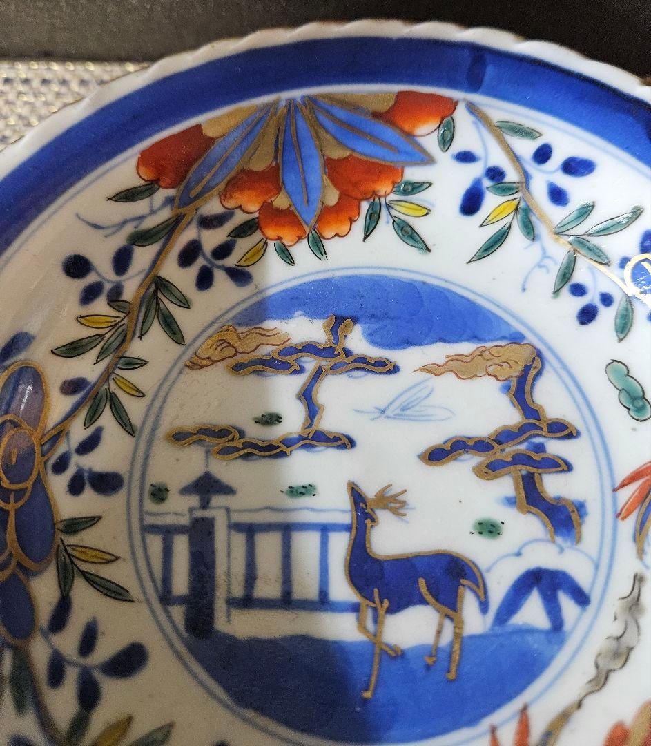上作品❗】江戸末期　古伊万里　染錦　見込に鹿　花に鳳凰　15.3cm膾皿深皿2客