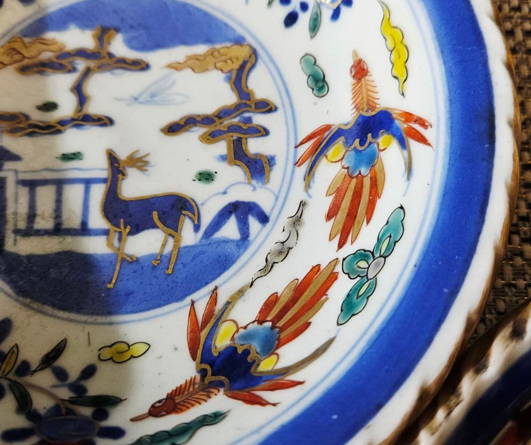 上作品❗】江戸末期　古伊万里　染錦　見込に鹿　花に鳳凰　15.3cm膾皿深皿2客