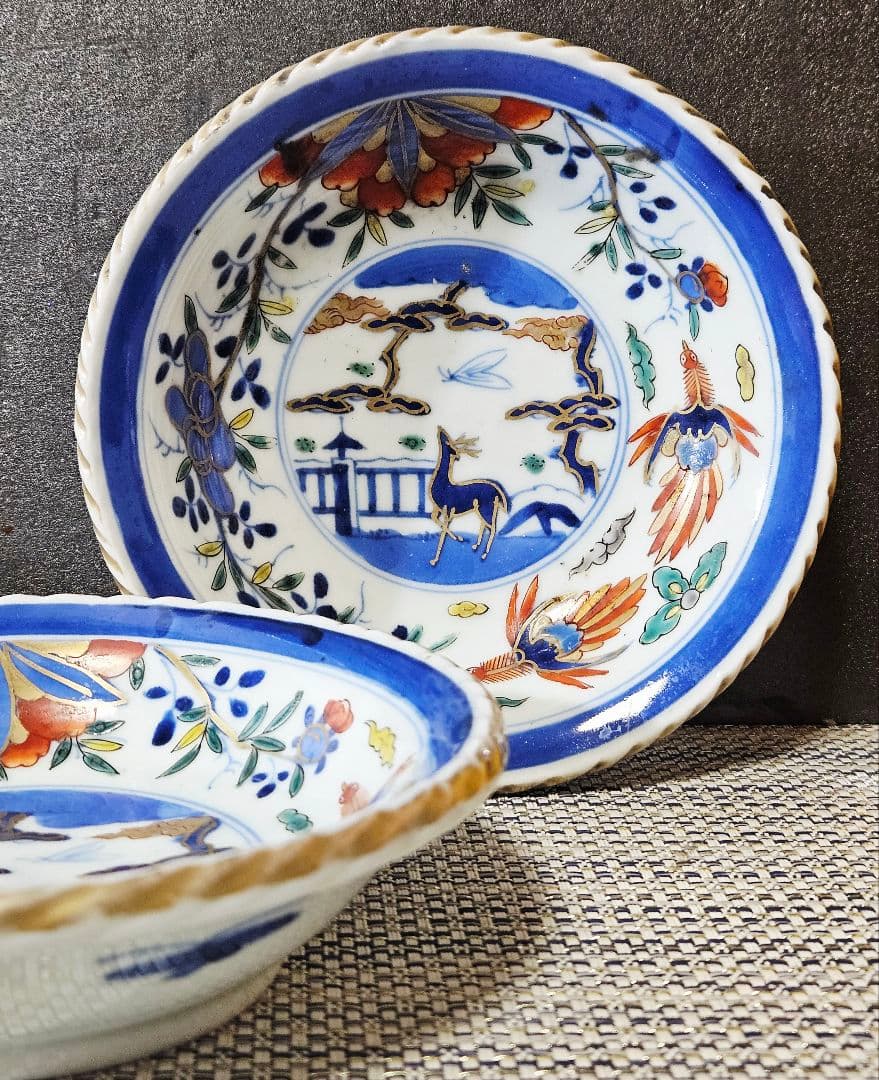 上作品❗】江戸末期　古伊万里　染錦　見込に鹿　花に鳳凰　15.3cm膾皿深皿2客