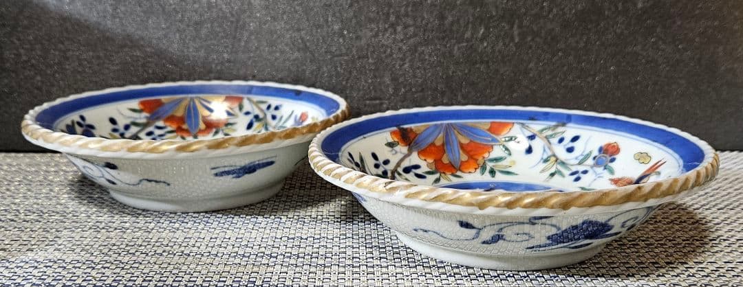 上作品❗】江戸末期　古伊万里　染錦　見込に鹿　花に鳳凰　15.3cm膾皿深皿2客