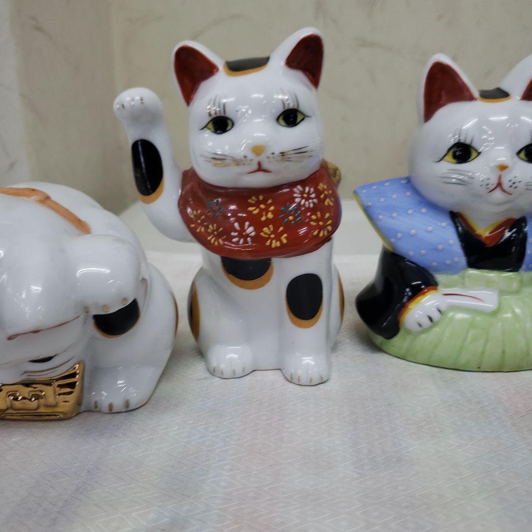 蔵出し　新品招き猫の陶器置物 伝統みけ猫 5体セット　手作り