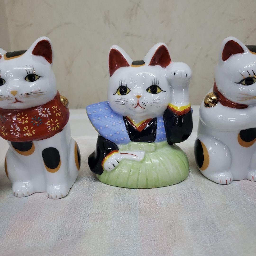 蔵出し　新品招き猫の陶器置物 伝統みけ猫 5体セット　手作り