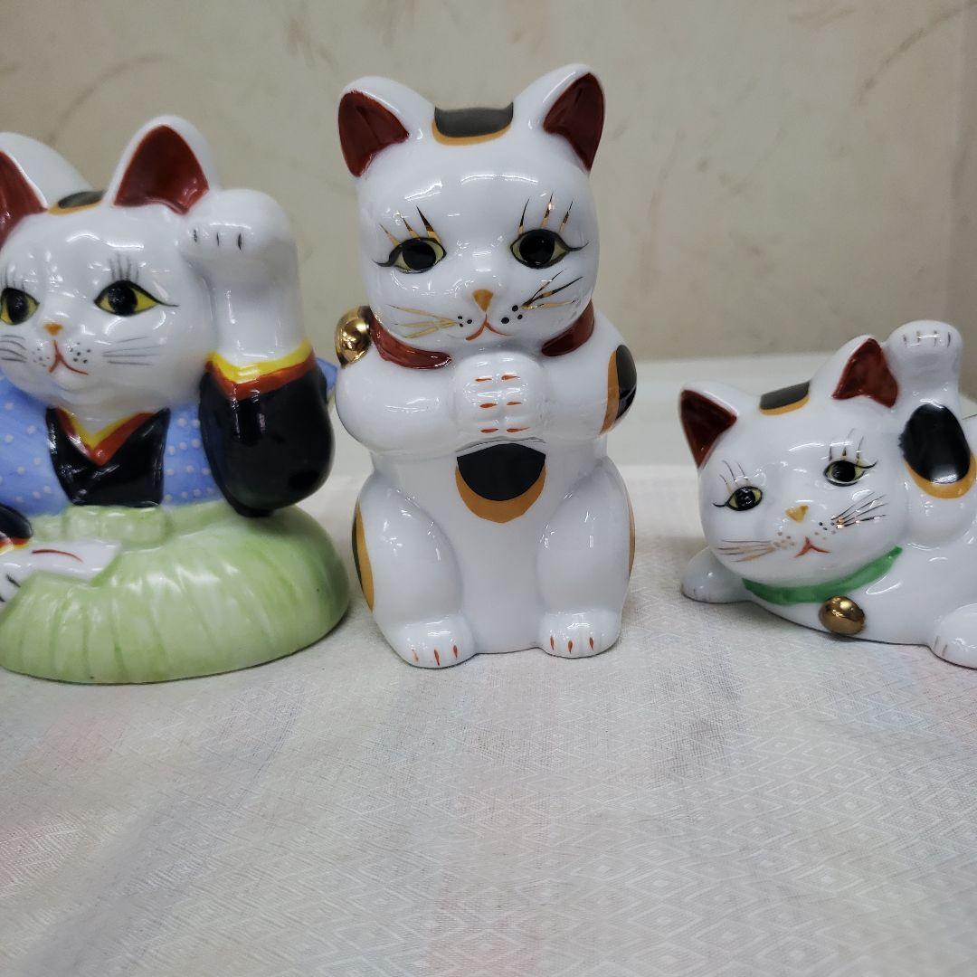 蔵出し　新品招き猫の陶器置物 伝統みけ猫 5体セット　手作り