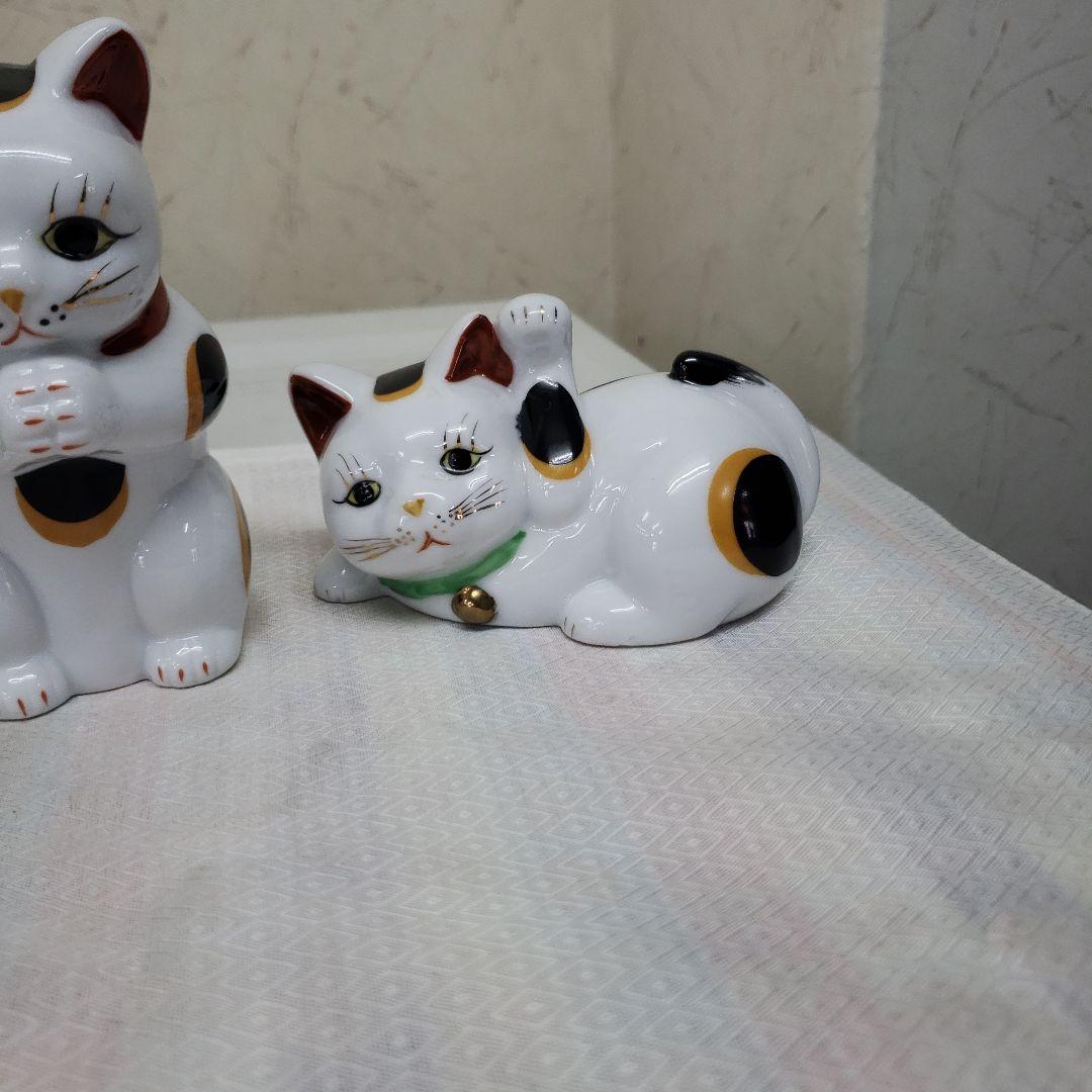 蔵出し　新品招き猫の陶器置物 伝統みけ猫 5体セット　手作り