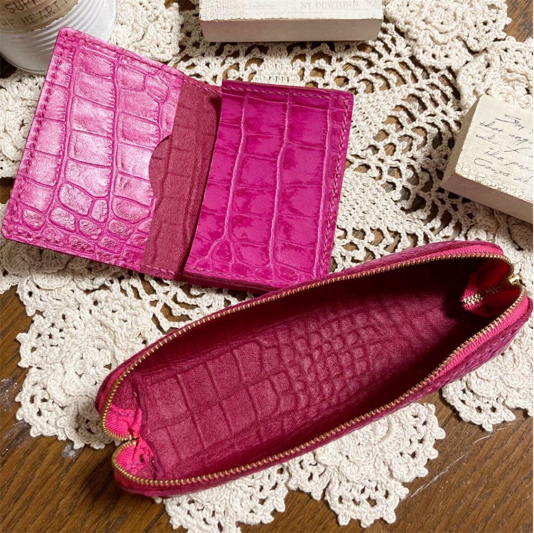 ご確認用　牛革クロコ型押し　マゼンタ　ペンケース　名刺入れ　ピンク　本革　レザー