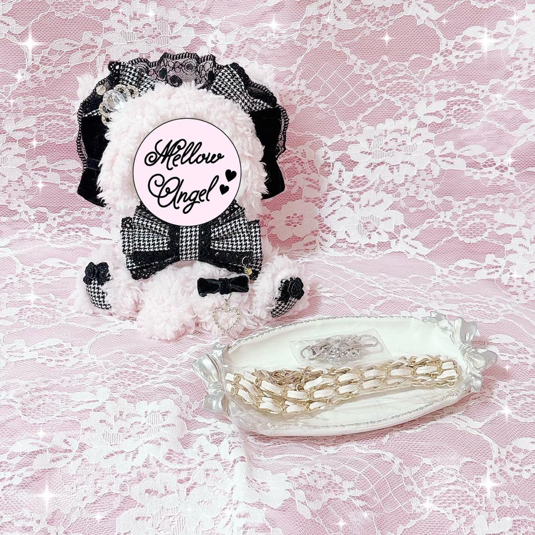 おすわり ぬい服 ショルダー 13cm 千鳥柄 ②ピンク 量産 フリル レース