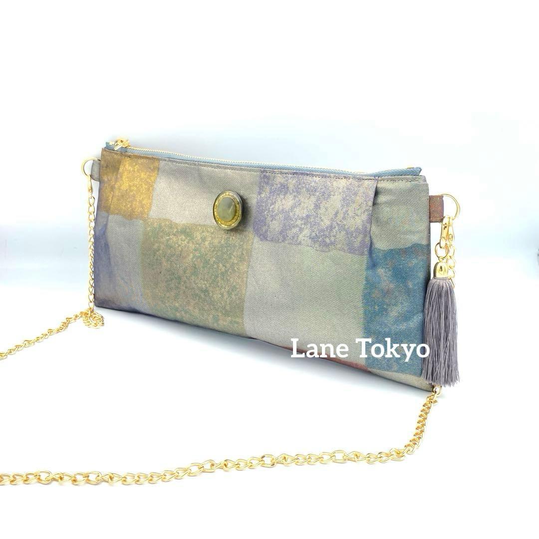 メタリックシルバー　正絹帯リメイクバッグ市松　横長ショルダー&クラッチ2ウェイ