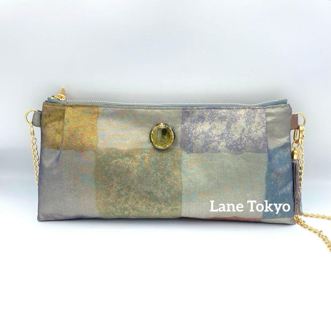 メタリックシルバー　正絹帯リメイクバッグ市松　横長ショルダー&クラッチ2ウェイ