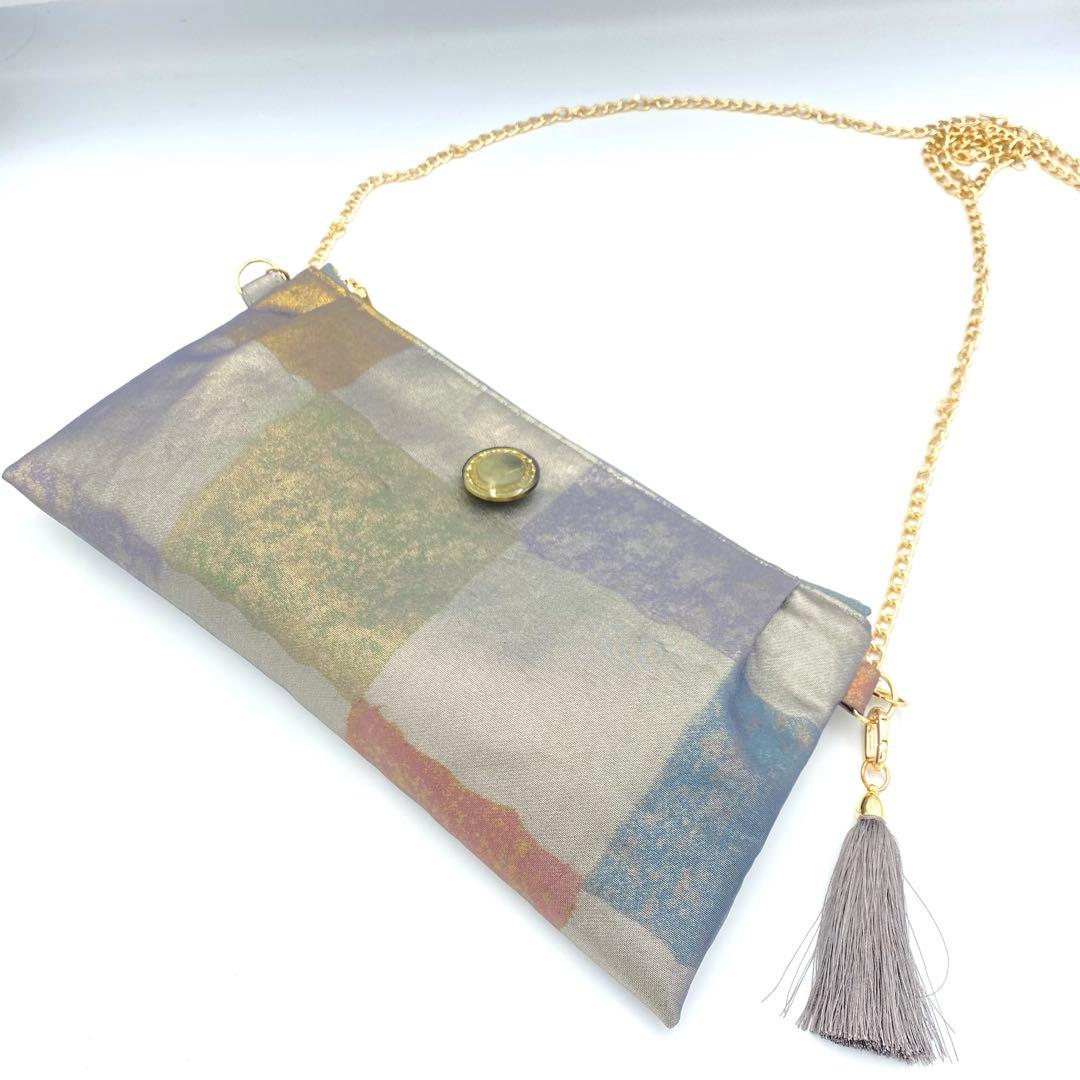 メタリックシルバー　正絹帯リメイクバッグ市松　横長ショルダー&クラッチ2ウェイ