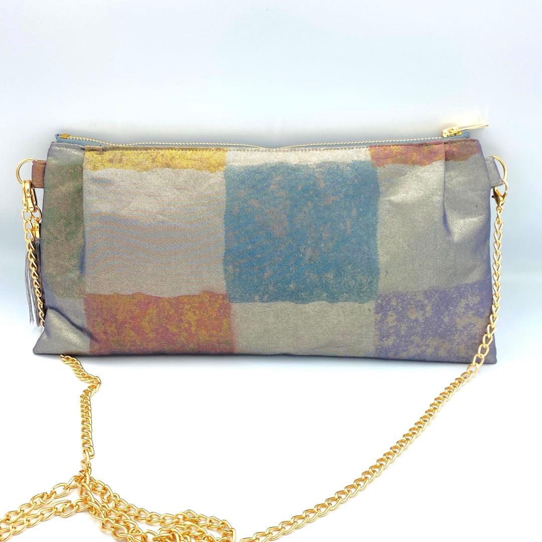 メタリックシルバー　正絹帯リメイクバッグ市松　横長ショルダー&クラッチ2ウェイ