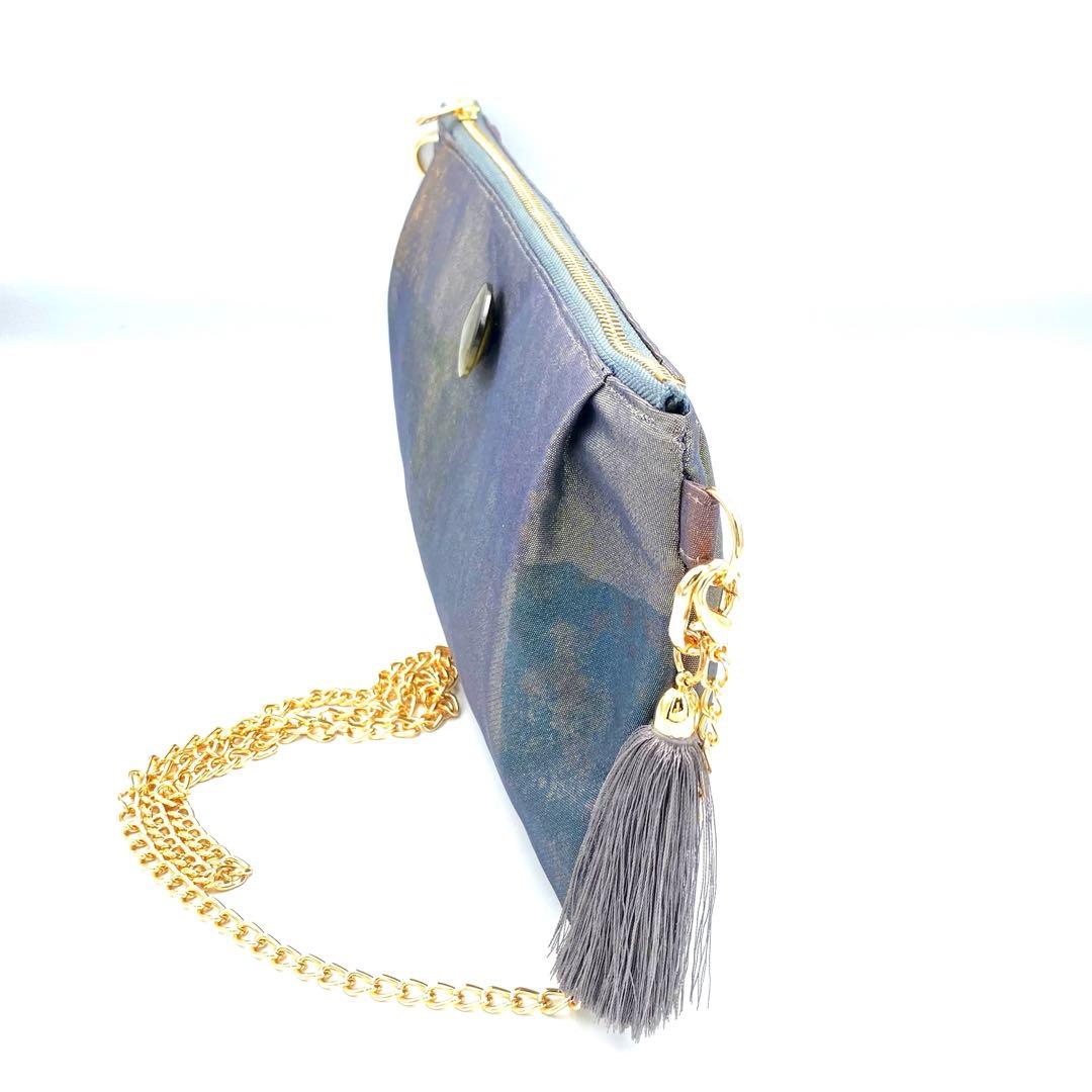 メタリックシルバー　正絹帯リメイクバッグ市松　横長ショルダー&クラッチ2ウェイ