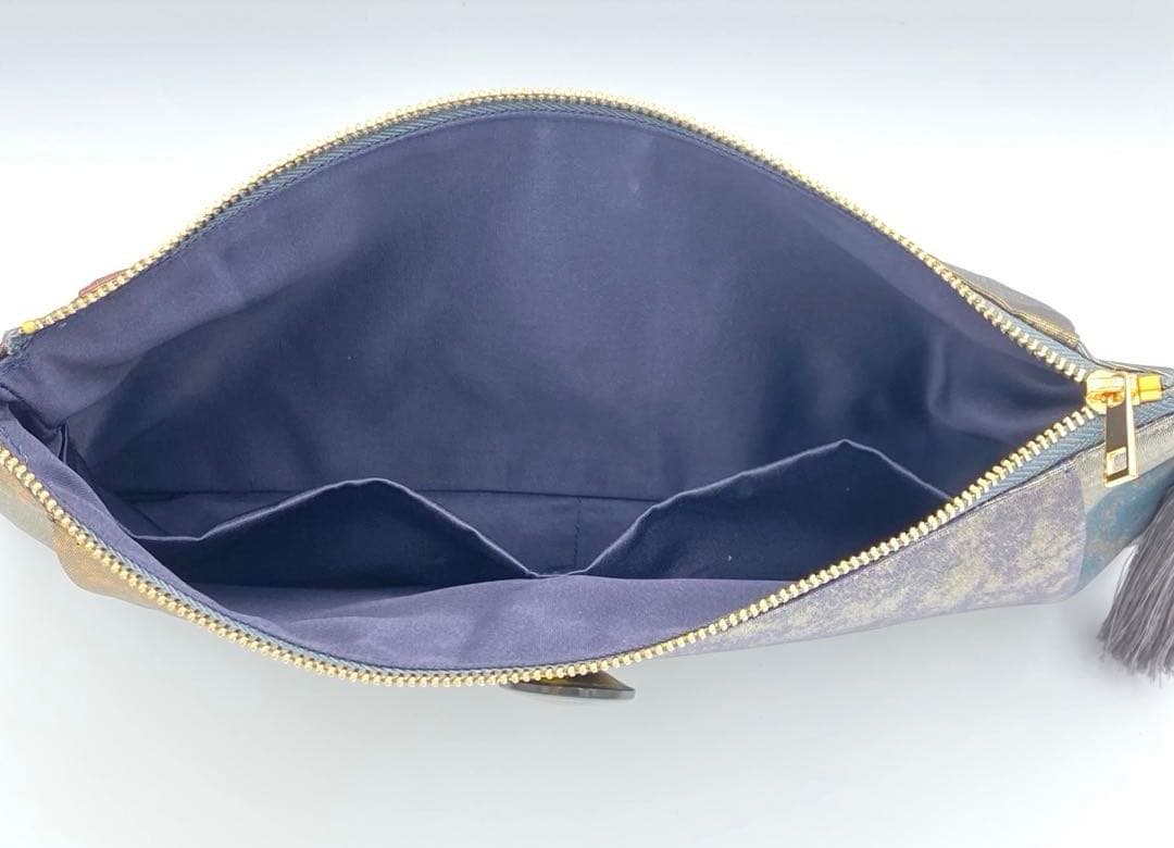 メタリックシルバー　正絹帯リメイクバッグ市松　横長ショルダー&クラッチ2ウェイ