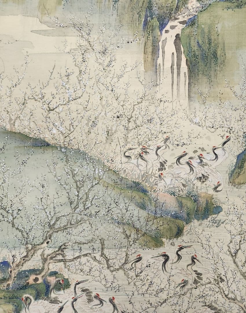 【梅林千羽鶴図】和田華岳 2618 広島画壇 掛け軸 祝時　肉筆