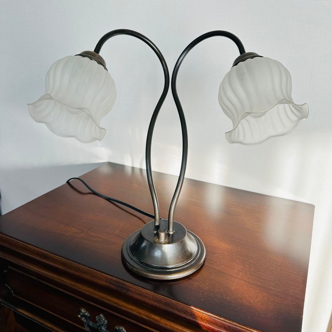 【アンティーク品/テーブルランプ】 乳白 ライトスタンド レトロ 照明