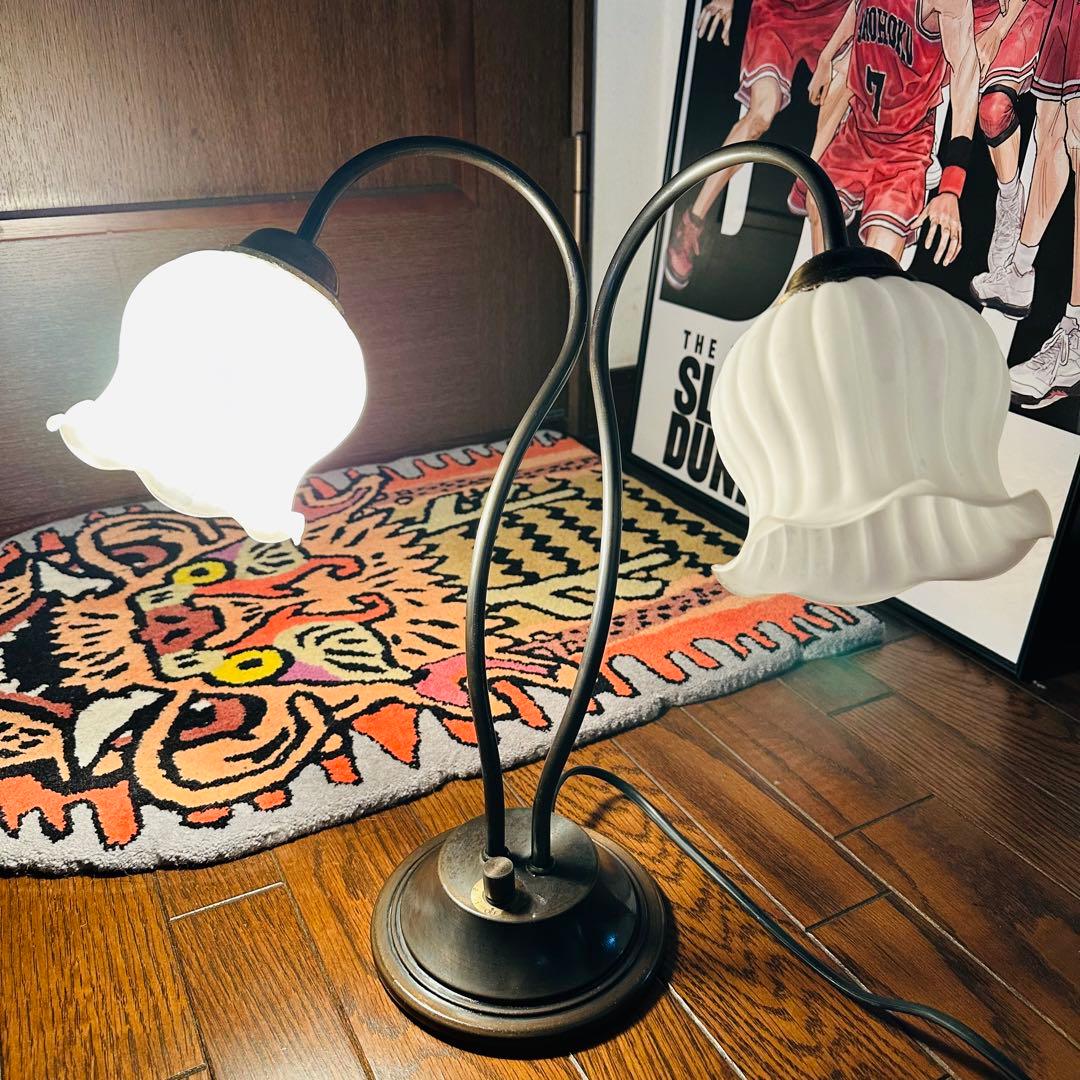 【アンティーク品/テーブルランプ】 乳白 ライトスタンド レトロ 照明