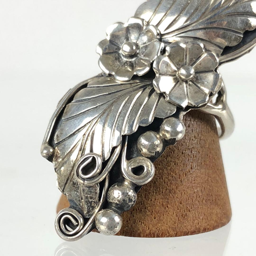 希少 ナバホ族 アップリケ スターリングシルバー リング リーフ フラワー