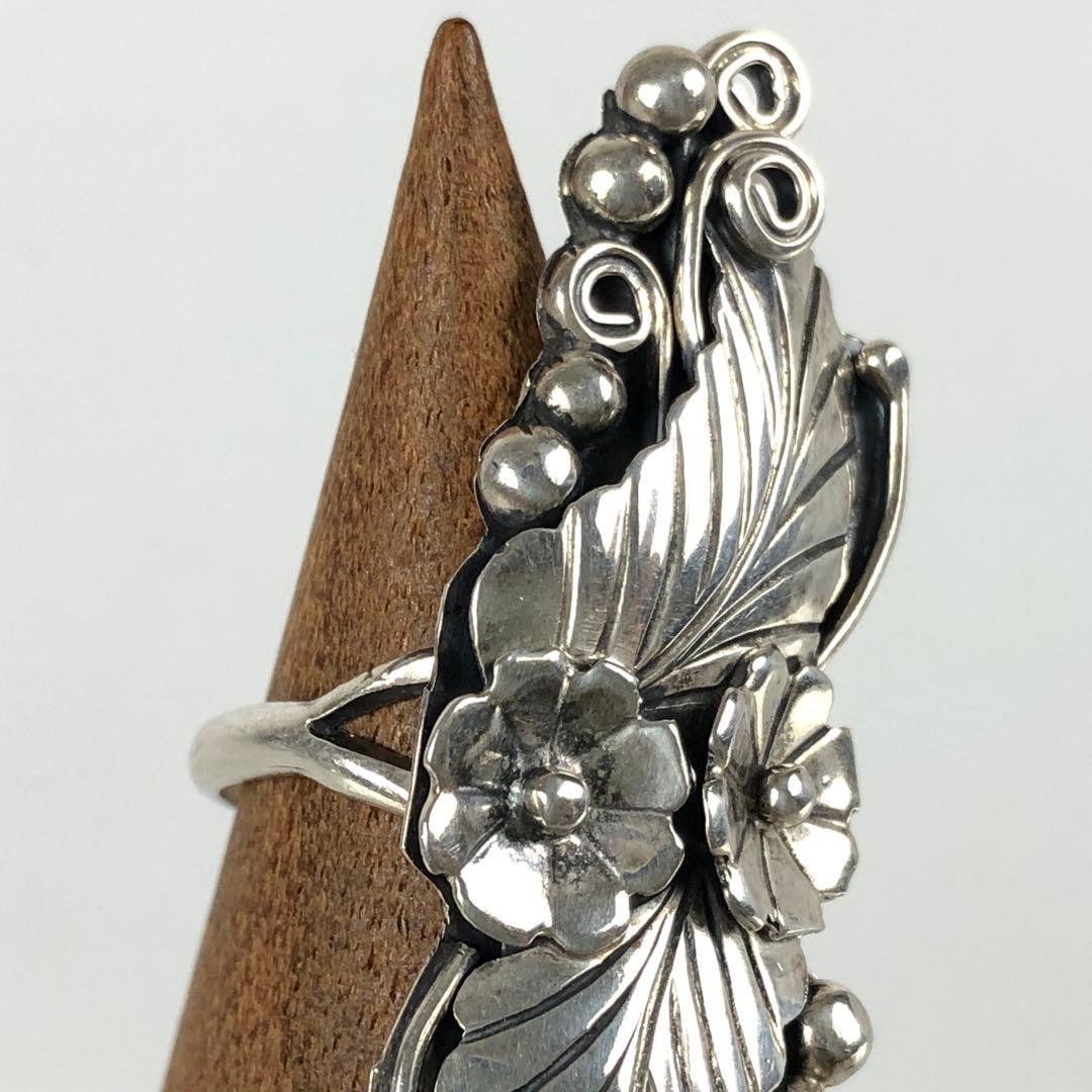 希少 ナバホ族 アップリケ スターリングシルバー リング リーフ フラワー