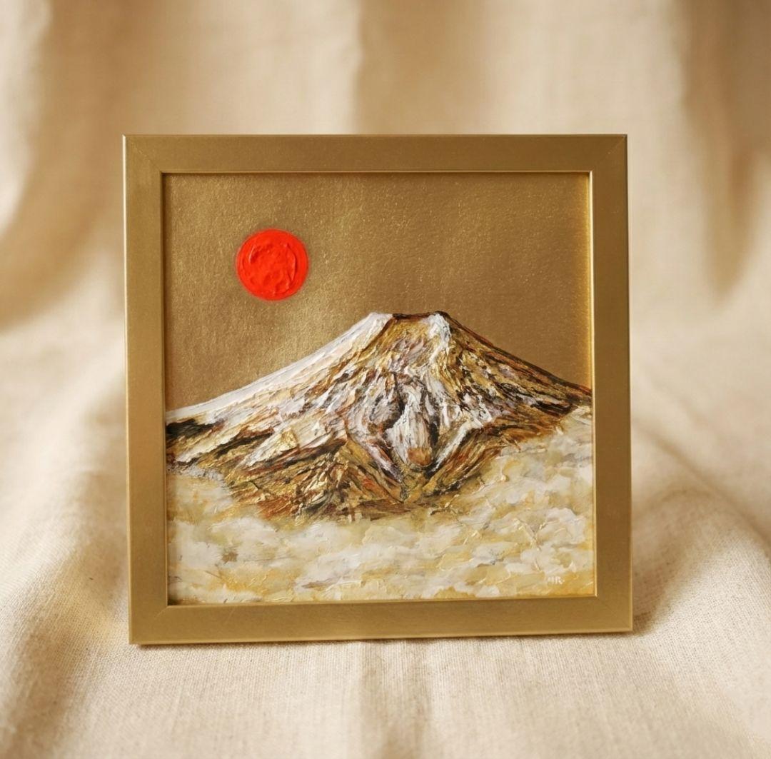【開運】油絵 油彩画 ミニ絵画『旭日黄金富士』金運アップ 縁起物」