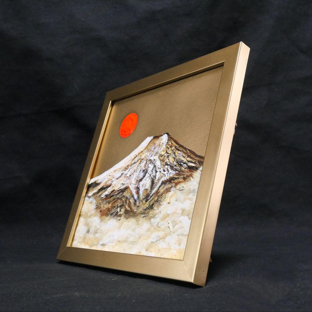 【開運】油絵 油彩画 ミニ絵画『旭日黄金富士』金運アップ 縁起物」