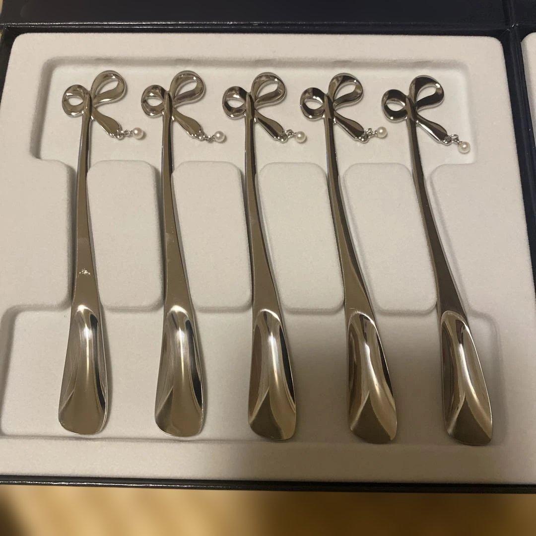 MIKIMOTO リボンデザイン フォーク　スプーン　セット　パール　18-8