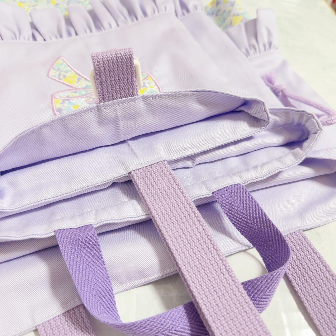 入学 リボン 3点セット レッスンバッグ 上履き入れ 巾着袋 花柄 紫 体操着袋