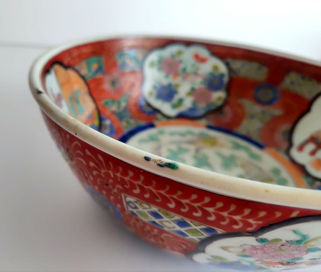 古伊万里　大鉢　赤絵花鳥　直径約24.4cm　二重高台　幕末明治〜　紫陽花　骨董