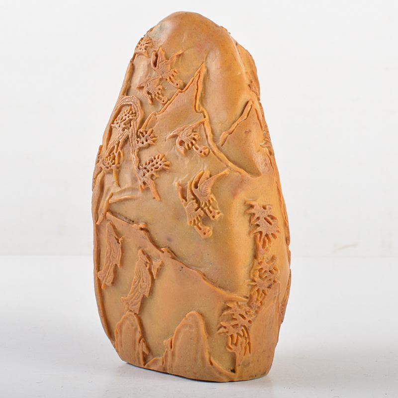 中国　玉石彫刻　山水人物刻　置物　時代箱付　M　R5717