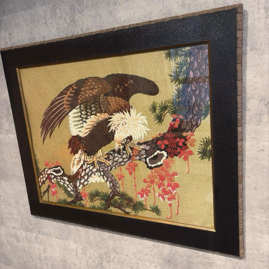 文化刺繍　昭和レトロ 額縁 大型 鷲 イーグル 刺繍画 刺繍アート 鷹 松