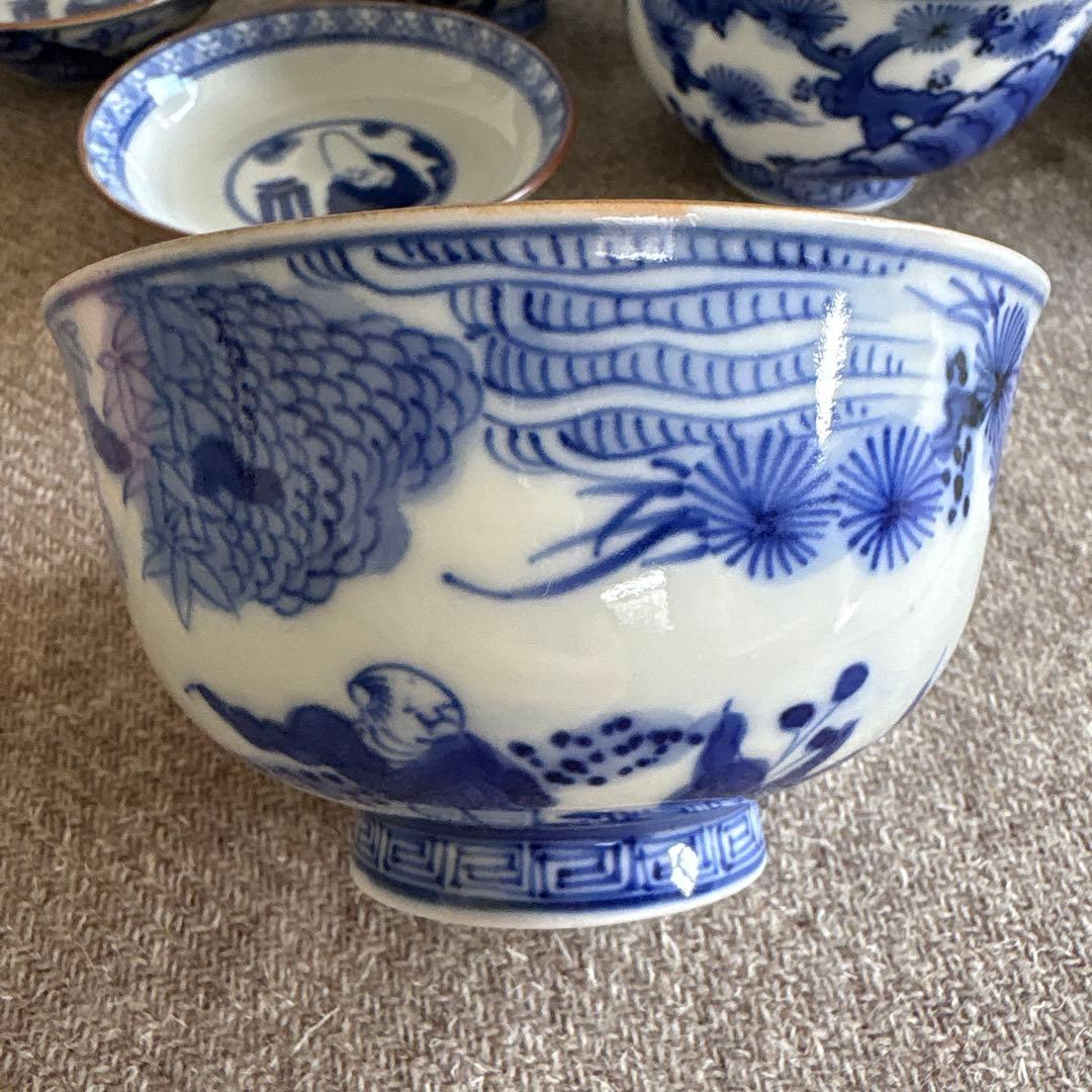 希少　古伊万里　東陽軒平八製　染付　仙人図　蓋付き茶碗　6客　明治時代　骨董品