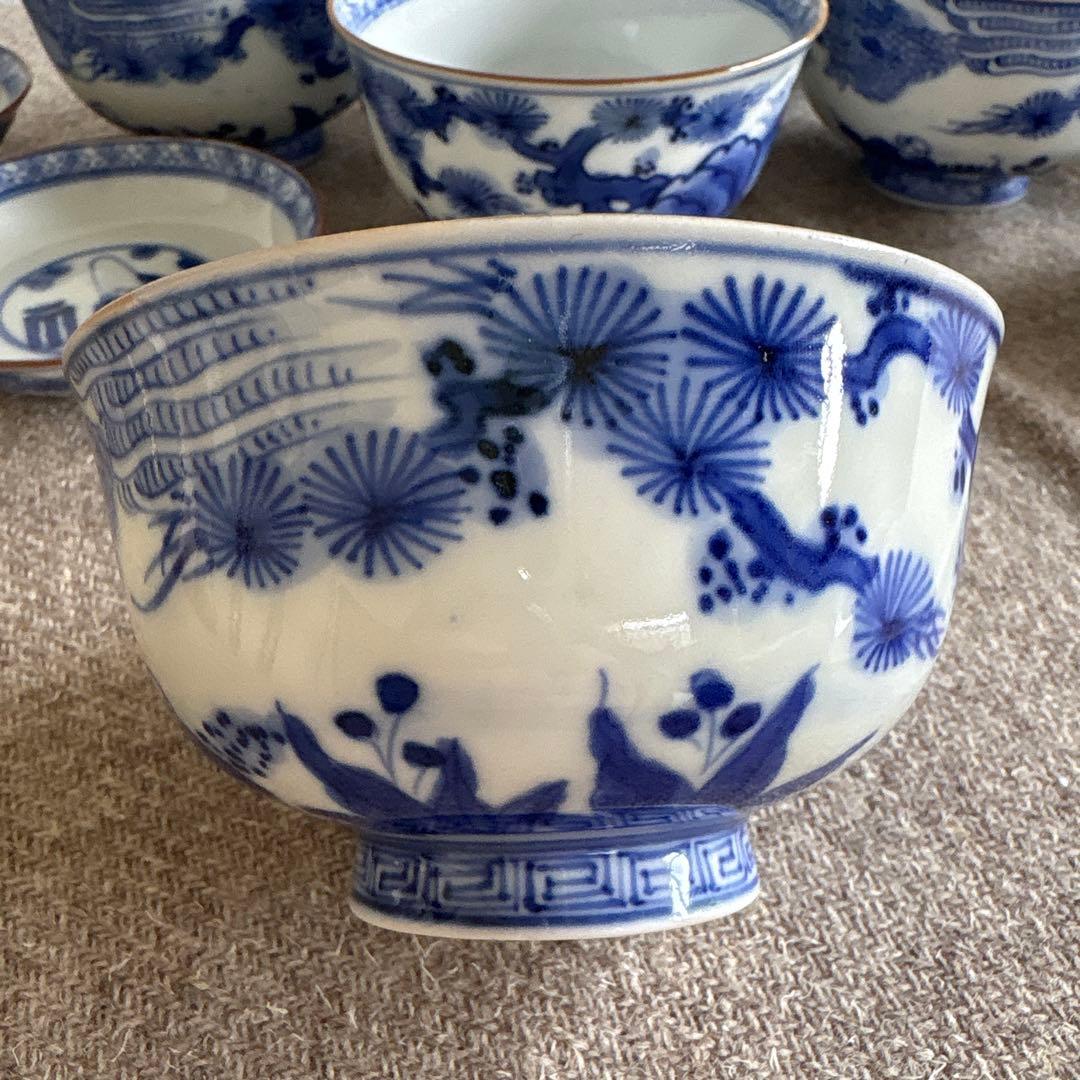 希少　古伊万里　東陽軒平八製　染付　仙人図　蓋付き茶碗　6客　明治時代　骨董品