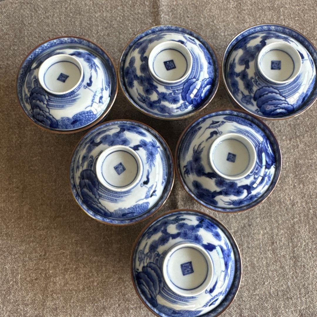 希少　古伊万里　東陽軒平八製　染付　仙人図　蓋付き茶碗　6客　明治時代　骨董品