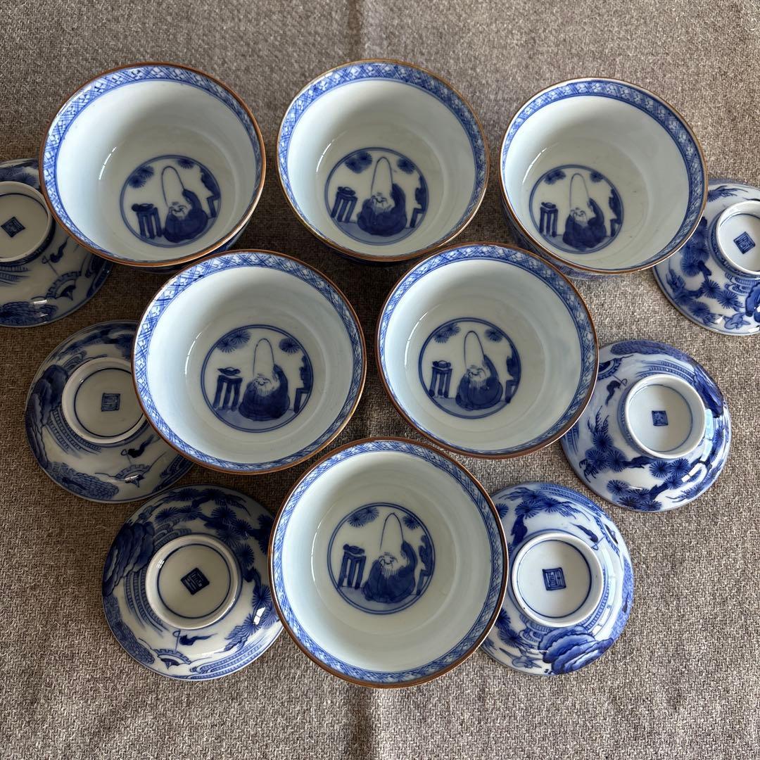 希少　古伊万里　東陽軒平八製　染付　仙人図　蓋付き茶碗　6客　明治時代　骨董品