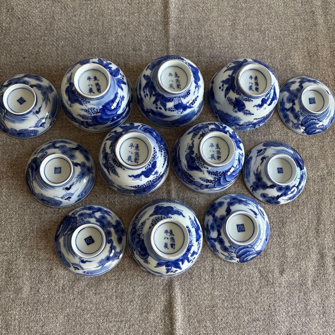 希少　古伊万里　東陽軒平八製　染付　仙人図　蓋付き茶碗　6客　明治時代　骨董品