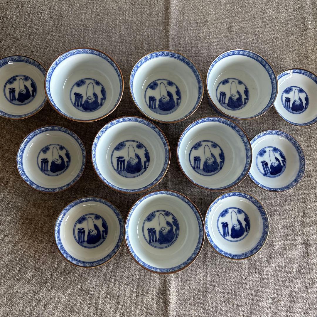 希少　古伊万里　東陽軒平八製　染付　仙人図　蓋付き茶碗　6客　明治時代　骨董品