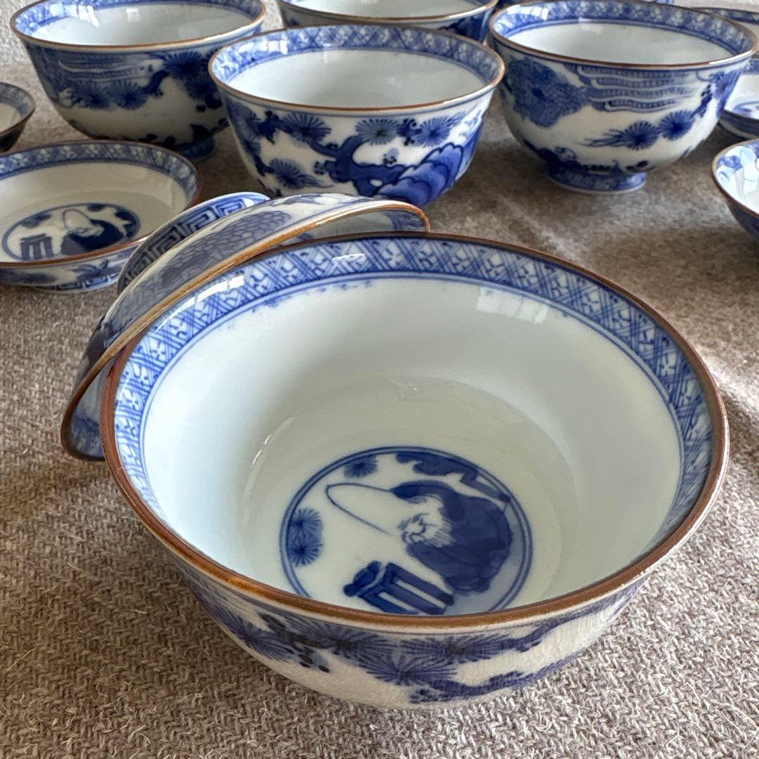 希少　古伊万里　東陽軒平八製　染付　仙人図　蓋付き茶碗　6客　明治時代　骨董品