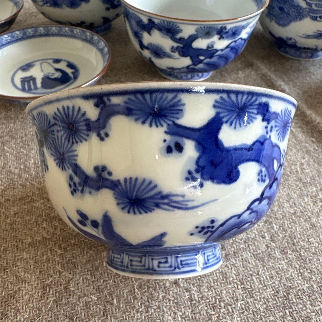 希少　古伊万里　東陽軒平八製　染付　仙人図　蓋付き茶碗　6客　明治時代　骨董品