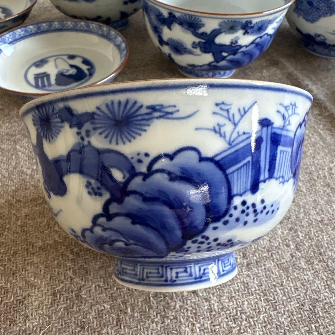 希少　古伊万里　東陽軒平八製　染付　仙人図　蓋付き茶碗　6客　明治時代　骨董品