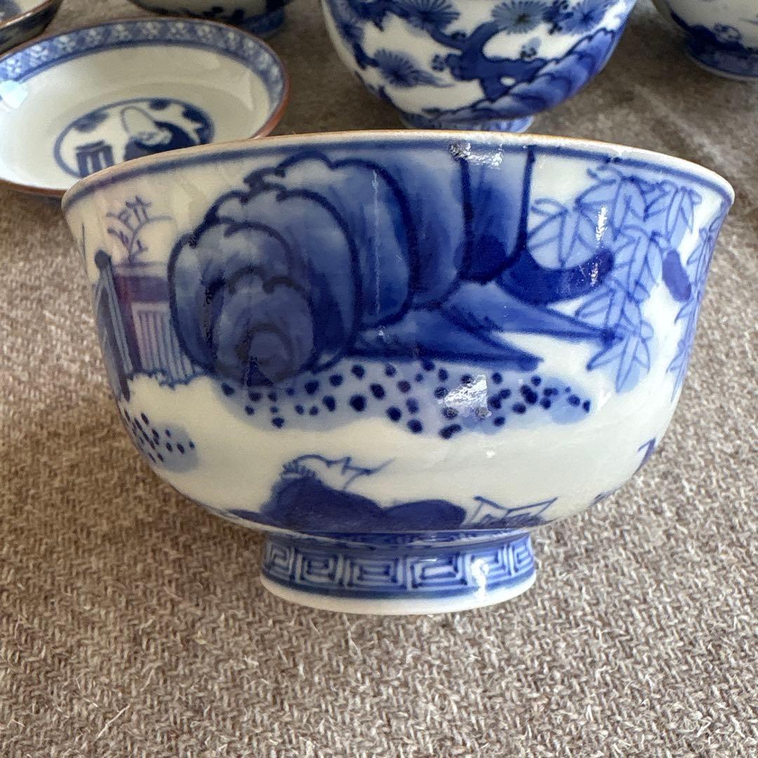 希少　古伊万里　東陽軒平八製　染付　仙人図　蓋付き茶碗　6客　明治時代　骨董品