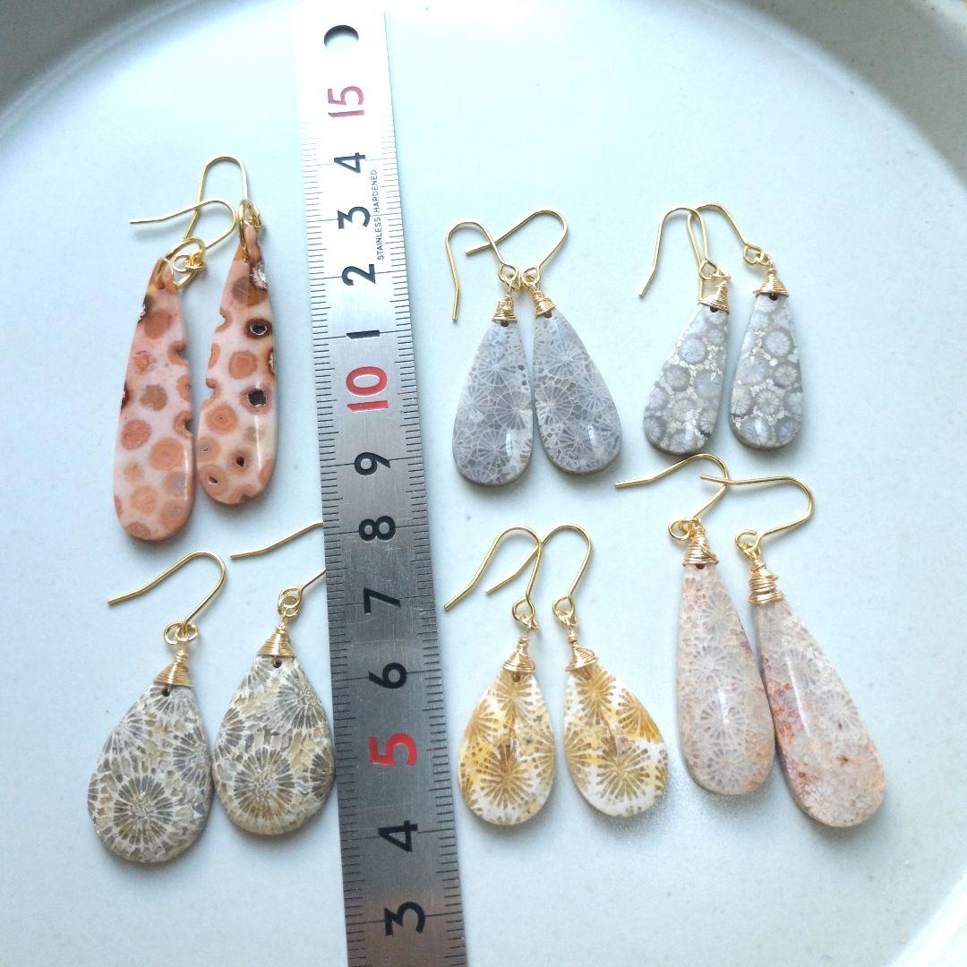 専用【F】珊瑚の化石 フォッシルコーラルのペアシェイプピアス
