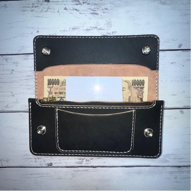 あ、 ロングトラッカーウォレット/姫路レザー茶芯黒色/ステッチ白色