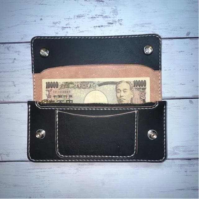 あ、 ロングトラッカーウォレット/姫路レザー茶芯黒色/ステッチ白色